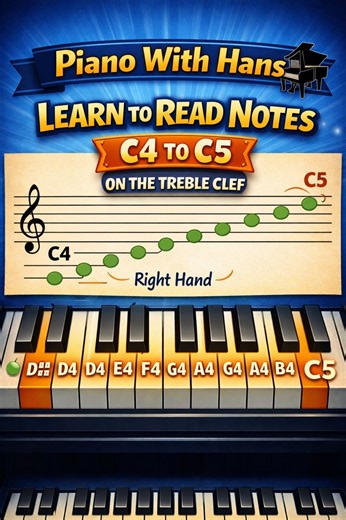 Learn to Read Notes C4 to C5 on the Treble Staff. In this video I am going to write down the notes on the treble clef from C4 to C5 in the right hand. I am going to do this in two ways: 1. Drawing the notes with their names on staff paper. 2. Writing the letter names of the notes on the corresponding piano keys below. I will draw the notes one-by-one in real time on treble staff, so that you can practice it afterwards by yourself. For the notes themselves I use quarter note with stems which are 
