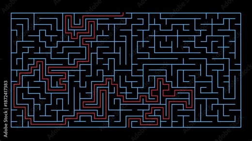 Maze multiple solutions quantum computing. Supercomputer qubit, geometric satisfying animation or artificial intelligence brainstorming cyberspace 4k.