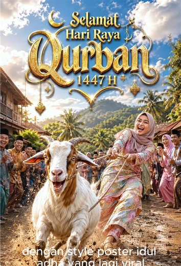 ai foto idul adha, ai ucapan selamat hari raya idul adha, ai ucapan selamat hari raya qurban, ai foto berqurban, ai foto menarik kambing, ai poster idul adha, ai poster ber-qurban, ai foto lebaran, ai prompt foto viral dan trend 2026 Tutorial bikin foto poster AI Idul Adha yang lagi viral banget 🐐🌙✨ Cuma pakai 1 foto aja → langsung jadi poster Eid al-Adha aesthetic dengan nuansa qurban, outfit islami, lighting hangat, dan vibe perayaan yang meriah banget 😳💚 “POSTER AI IDUL ADHA YANG LAGI VIR