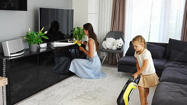 Little girl cleaning house with vacuum cleaner. Mom teaching girl for housekeeping housework and chores in house