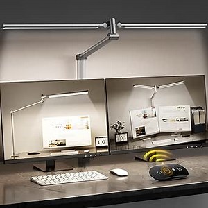 LED Desk Lamp for Home Office, Eye Caring Architect Desk Light with Remote, Dual Screen Computer Monitor Light with Stepless Dimming, Stepless Color Temp, Memory Function for Study, Workbench Grey