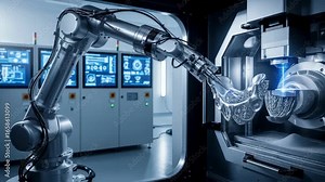Robotic arm operating a titanium implant 3D printing machine inside a clean additivemanufacturing cell with metallic powders and control panels.