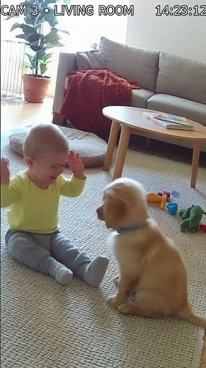 Baby teaching puppy how to high five 😂