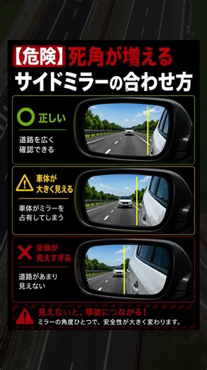 【危険】死角が増えるサイドミラーの合わせ方。事故を防ぐ正しい調節基準