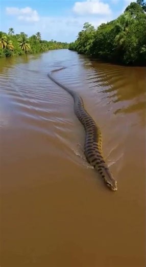 Helicopter footage captures giant anaconda swimming in the amazon river.