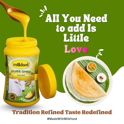 All you need to add is a little magic, love, flavor, and of course - Milkfood Ghee! Because every recipe becomes richer, tastier, and healthier with Milkfood Ghee The pure goodness that brings families together. ❤️ 🥘 From everyday meals to festive delights, make every dish special with the #MadeWithMilkfood touch. Pure Taste. Pure Health. #MadeWithMilkfood #GheeLove #FoodMagic #PureTastePureHealth #DesiTadka #TasteOfTradition #CookingWithLove #milkfood #milkfoodmoments #desighee #cowghee #CowGh