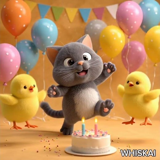 🎂🐱 Grey Cat Dancing at a Birthday Party!