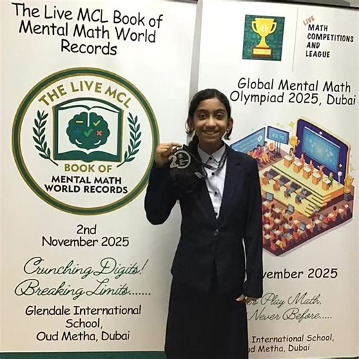 Live Math Competitions And League on Instagram: "Devika Kannan Rameshan from United Arab Emirates with her medal for being the Country Topper Rank 2 in the Master Category of the Mental Math World Cup 2025. Brilliant Performance! #MMWC2025 #MentalMathWorldCup #SuccessCelebration #LiveMCL #LiveMathCompetitionsandLeague #MentalCalculation #MentalMath #soroban #Mathematics #HumanCalculator #MentalCalculator #MathIsFun #MentalArithmetic #Maths #VedicMaths #Abacus #competition #STEM #numeracy #Online
