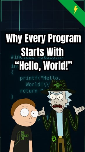 The Sanchez Lab on Instagram: "Hello, World! The First Words Every Coder Teaches a Computer In the 1970s, Brian Kernighan wrote a tiny C demo that printed “Hello, World!” to prove your compiler, library, and screen were working together. That simple test became a global coding ritual. The first message every programmer sends to a machine. From C to Python, those two words still mark the start of every coding journey. #rickandmorty #programming #coding #techreels #learnoninstagram"