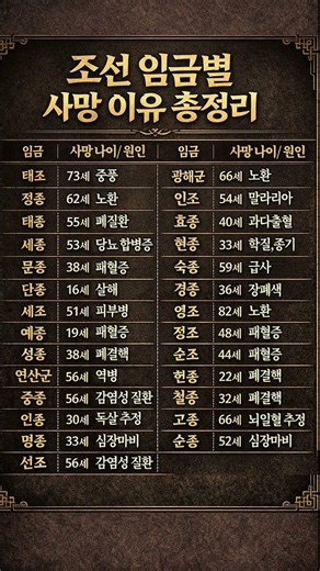 조선시대 임금별 사망 원인 총정리 #조선시대 #역사공부 #조선왕조 #세종대왕 #단종 #정조 #역사쇼츠 #한국사 #지식쇼츠 #1분역사