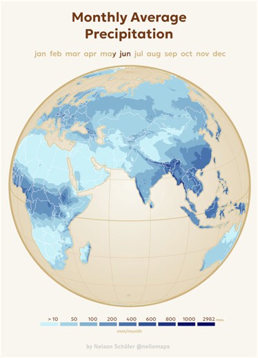 7.8K views · 232 reactions | Super cool animated map by @nellomaps shows average monthly precipitation (rain etc). Great piece by a guy from my hometown of Munich - what's not to love... Source: https://buff.ly/3QFQmDT | Simon shows you maps | Facebook