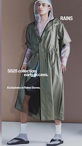 Exclusively in Rains Stores, you can now explore the upcoming SS25 collection early. Be the first to try the updated silhouettes, touch the lightweight new materials and see the refreshed color stories. | RAINS