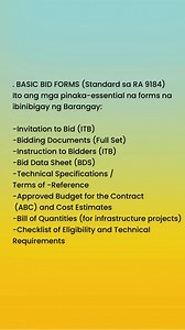 38K views · 357 reactions | . BASIC BID FORMS (Standard sa RA 9184) Ito ang mga pinaka-essential na forms na ibinibigay ng Barangay: Invitation to Bid (ITB) Bidding Documents (Full Set) Instruction to Bidders (ITB) Bid Data Sheet (BDS) Technical Specifications / Terms of Reference Approved Budget for the Contract (ABC) and Cost Estimates Bill of Quantities (for infrastructure projects) Checklist of Eligibility and Technical Requirements | Barangay Secretary | Facebook