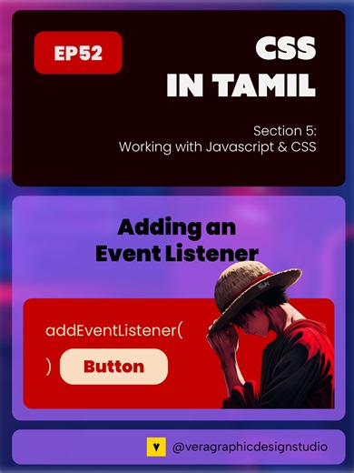 🖱️ Want to make your website interactive? In Episode 52 of our CSS in Tamil series, we will explore how to use JavaScript event listeners to handle user interactions like clicks, hovers, keypresses, and more! #css #cssintamil #javascript #js #eventlistener #webdevelopment #frontend #webdesign #coding #learncoding #tamiltech #tamilprogramming #htmlcss #javascripttutorial #programmingtutorial
