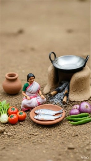 Miniature Women Doll Cooking Fish Curry on Clay Stove | Tiny Kitchen ASMR #shorts