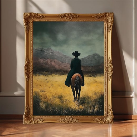 Western Cowboy Landscape Wall Art, Moody Desert Rider Vintage Style Print - Etsy