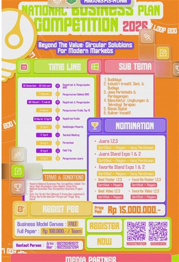 🚀 National Business Plan Competition 2025 Ide bisnismu jangan cuma jadi angan-angan 🤯 Saatnya naikin level dan adu ide di kompetisi bisnis nasional! ada event seruh juga loh👀: 🛍 UMKM FEST – Eksplor & dukung produk lokal inovatif 🎭 INAUGURASI – Panggung seni dan kreativitas mahasiswa 💰 Prize pool hingga Rp15.000.000 📌 Jangan mikir lama—gas daftar sekarang! #businessproject6.0 #himanisunm #LekoLet’sGo #infolomba #fyp