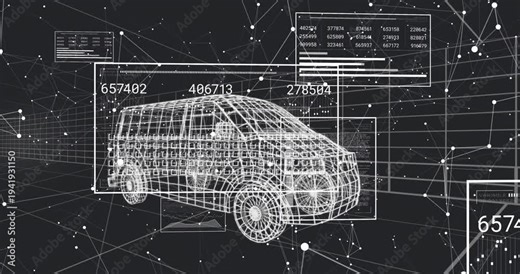 Wireframe van suspending amid node grid panels appearing grids mapping numbers scaling for analysis
