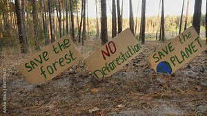 Cardboard posters with messages Save the Forest, No Deforestation and Save the Planet stuck in the ground by activists in the forest.