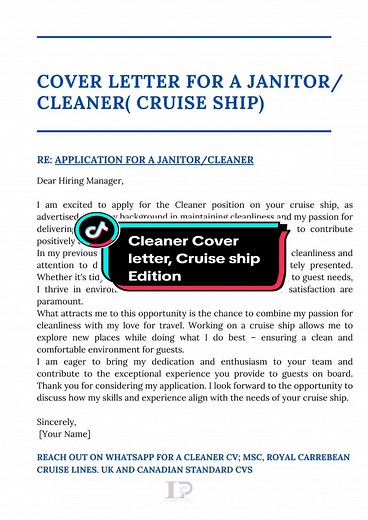 Cleaner Cover Letter for Cruise Ship Jobs