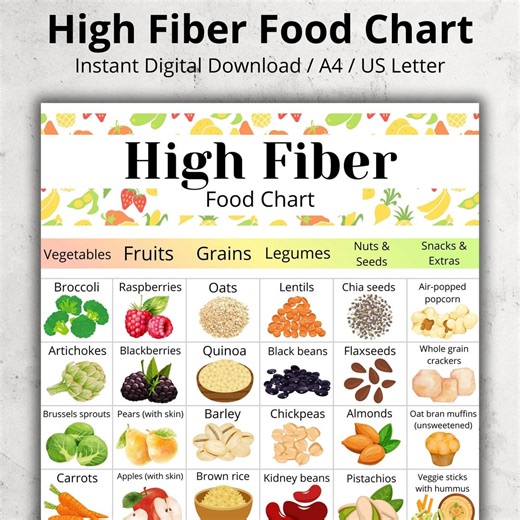 High Fiber Food List, Fiber Rich Grocery List, High Fiber Snack Chart Printable, IBS Food List PDF, Constipation Food Chart - Etsy