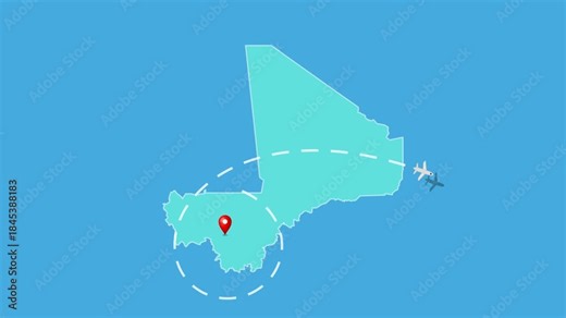 Mali, Bamako Map with Location Pin and Airplane Travel Route Animation