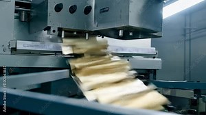 Assembly line with automated machinery processing items, symbolizing efficiency and modern industrial operations. Smooth motion highlights technology in action.