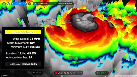 18 reactions | Recent aircraft reconnaissance data revealed maximum sustained wind gusts of 75 mph inside #Rafael, indicating that the storm has strengthened into a hurricane this evening! Minimum central pressure has fallen to 986 mb. | RadarOmega | Facebook
