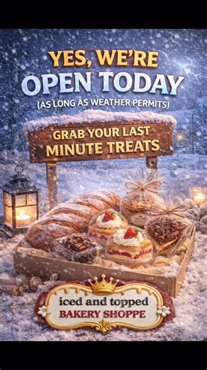 We’re open today as long as weather permits #IcedAndTopped #WeatherPermitting #SnowyDayTreats #OpenToday #LastMinuteTreats WinterBakery SnowDayVibes DessertRun BakeryLove SweetComfort SupportLocal | Iced And Topped Bakery Shoppe