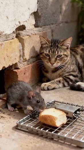タビー猫はマウスがパンを食べるのを待っていた。#cat #mouse 🐱🐹🐱🐹
