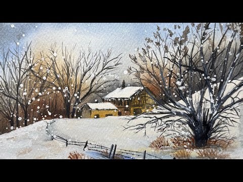 Watercolor Winter Landscape Tutorial: Snowy Cabin & Bare Trees | Beginner Friendly Painting