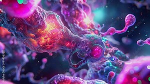 Animated, colorful microscopic organisms appear to be floating and interacting in a vibrant, otherworldly environment. The glowing colors and fluid movements create an energetic and dynamic visual