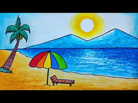 How to draw a sea beach scenery easy | Summer season scenery in sea beach drawing
