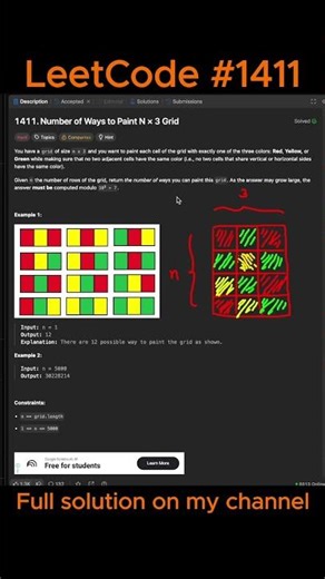 Daily LeetCode 1411 Number of Ways to Paint N × 3 Grid #shorts #leetcode #dsa #coding