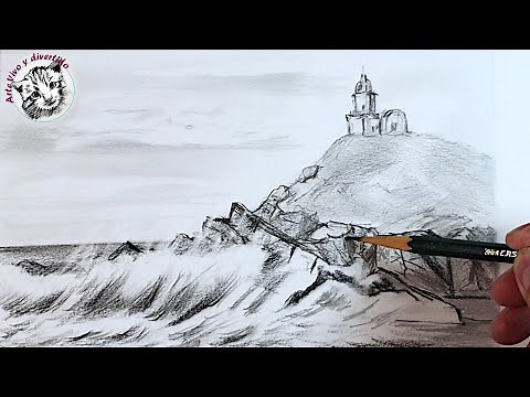 Como dibujar un Paisaje con Lapiz con Rompeolas y un Faro muy fácil paso a paso