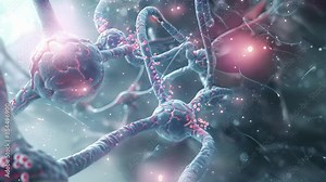 An animation of a cell with multiple strands of DNA being carefully repaired by molecular machinery.