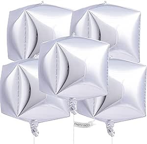 PartyWoo Silver Balloons, 5 pcs Silver Square Balloons, 22 inch Giant 4D Foil Balloons and Ribbon, Large Mylar Balloons, Metallic Silver Cube Balloons for Baby Shower, Silver Birthday Decorations