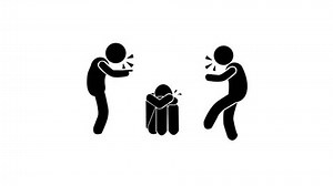 Animated bullying victim white icon. Social harassment bullies line animation. Toxic environment, persecution. Isolated illustration on dark background. Transition alpha video. Motion graphic