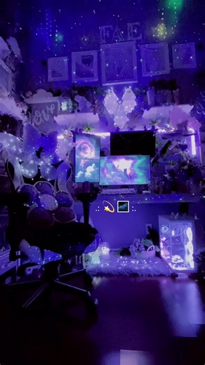 Galaxy Magic Desk Setup with Star Projectors and Twinkling Fairy Lights