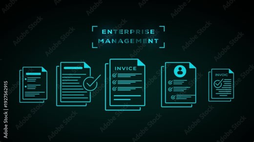 Enterprise management visualized through a progression of teal neon document on a dark background, signifying structured processes, data handling, and operational oversight in a corporate environment