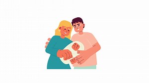 Interracial couple adopting infant 2D characters animation. Childbirth new parents flat cartoon 4K video, transparent alpha channel. Baby newborn with mom, dad animated people on white background