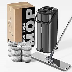Flat Mop and Bucket for Home with Extra Refills, Stainless Steel Mop and Bucket with Wringer, Hands-Free Mop, Wet and Dry Use Mop with Long Handle (Black)
