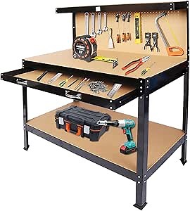 63'' Garage Workbench, 300 Lbs Load Capacity Heavy Duty Work Bench, Workbench with Pegboard Drawer Backplate Metal Frame Wood Top Workbench for Workshop Office Home Garage