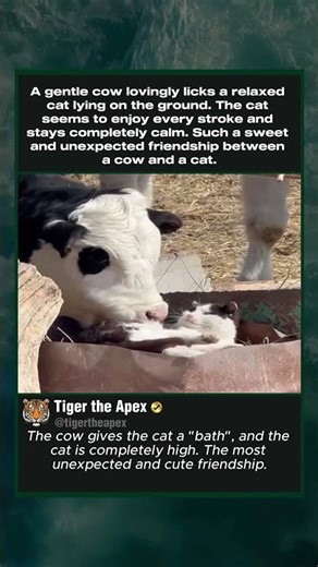 Cow Gently Licks Lying Cat #cuteanimals #animalfriends