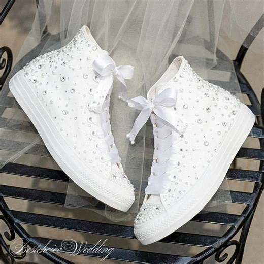 Custom Wedding Bride's All Star-converse, Rhinestones, Pearls & Satin Ribbon Sneakers - Etsy