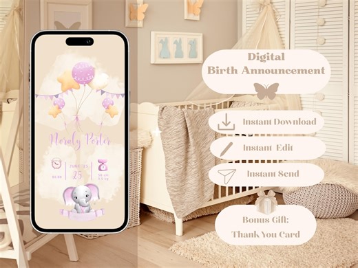 Digital Birth Announcement Template-digital Download Birth Card With Pink Stars Balloon Elephant Boho Editable Canva Mobile Friendly Design - Etsy