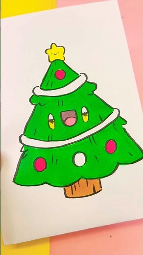 Cómo dibujar un árbol de Navidad kawaii paso a paso