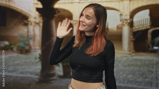 Woman waving hand showing bare belly in a stone building archway, red hair and black top; friendly greeting.