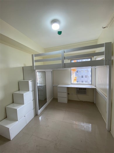 Semi Double Size Loftbed with Sliding Cabinet and Table (Ledlight) 48x75. Materials: Mahogany Wood & 3/4 Plyboard #QuadCornerFurniture #SlidingCabinet #tabledecor #LoftBed #cabinetdesign #ledlights #fypシ゚viralシ | Quad Corner Furniture