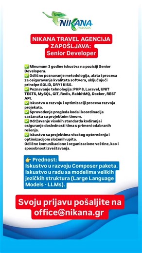 5.4K views | NIKANA TRAVEL AGENCIJA ZAPOŠLJAVA: Senior Developer ✅️...
